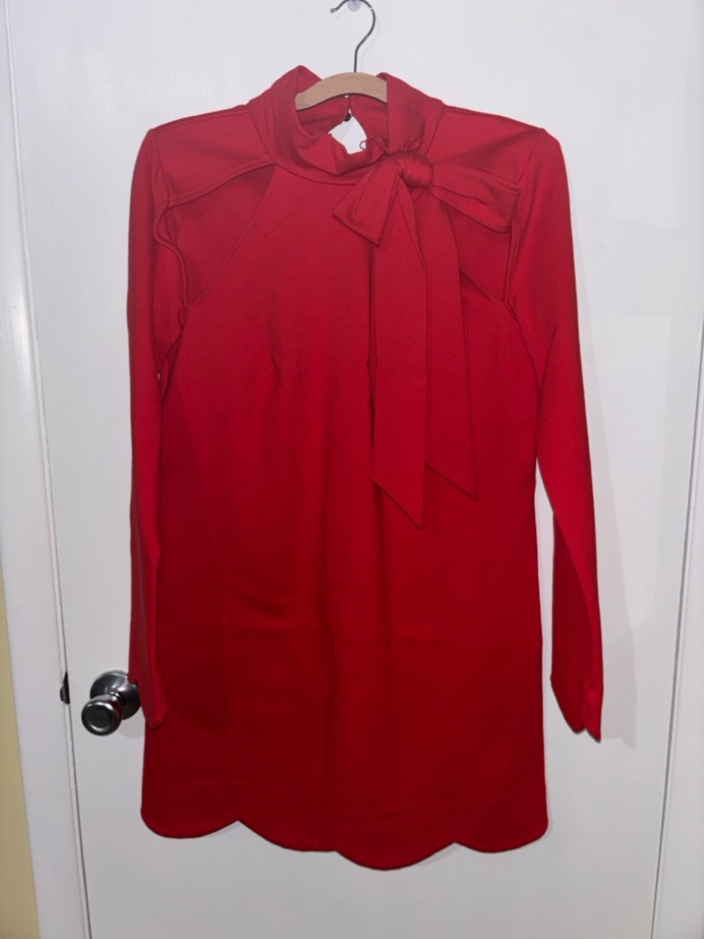 Maeve Cherry Red Long-Sleeve Bow-Neck Scallop-Hem Dress